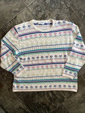 LIZ MOODY Vibtage Floral-Striped Multicolor Cottagecore Grandma Crewneck Sweater